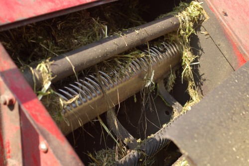 The cylinder of the combine, freshly freed from tangled hemp stalks.