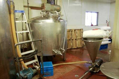 The mixing funnel awaits the first bag of organic Tapioca malt syrup powder to add to the hemp milk to make Maple Cool Hemp.
